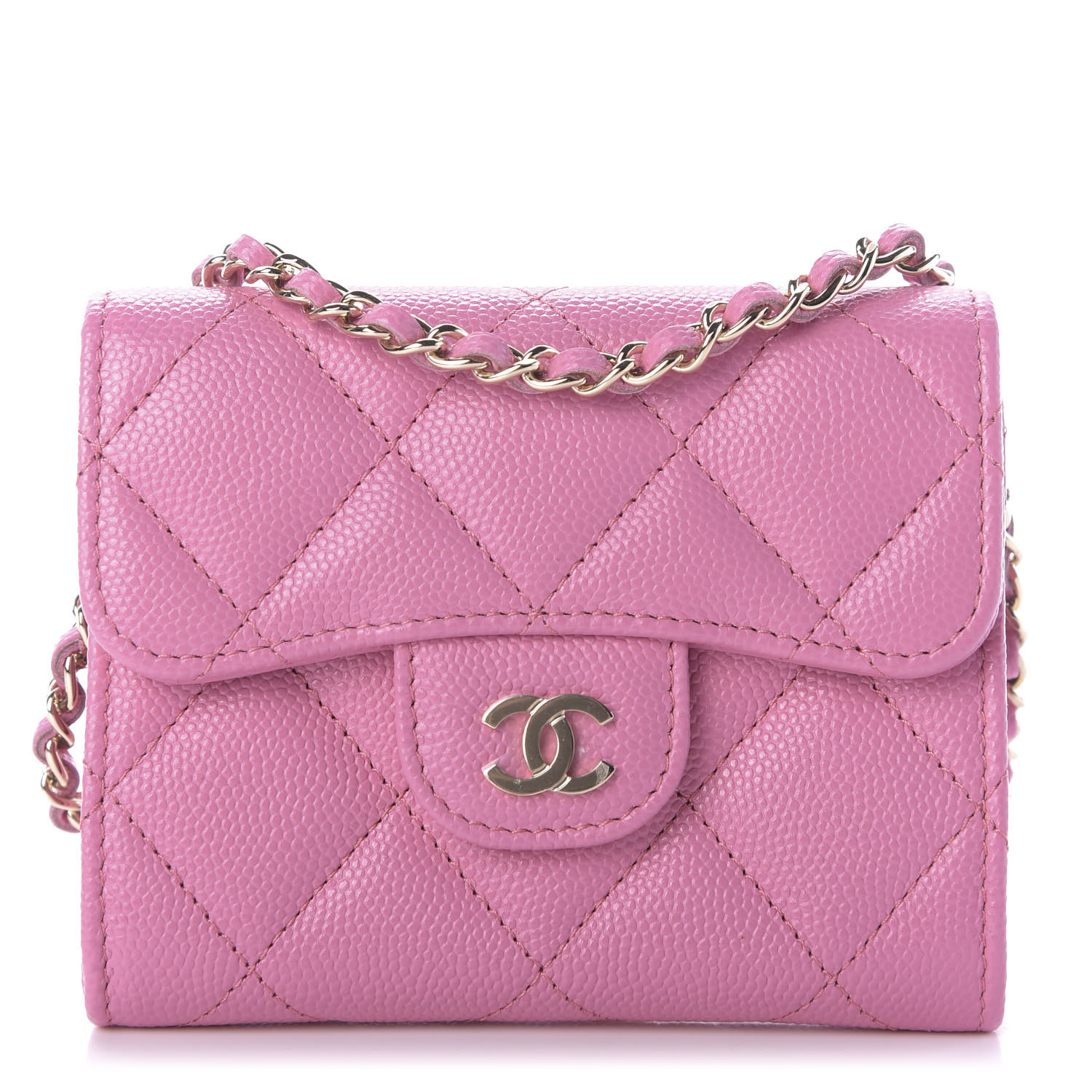 CHANEL Caviar Quilted Card Holder On Chain Pink