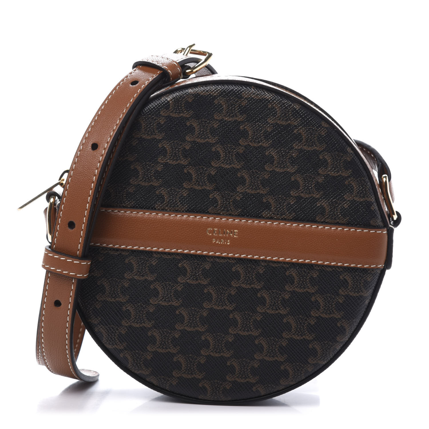 CELINE Lambskin Triomphe Canvas Round Purse On Strap Black Tan