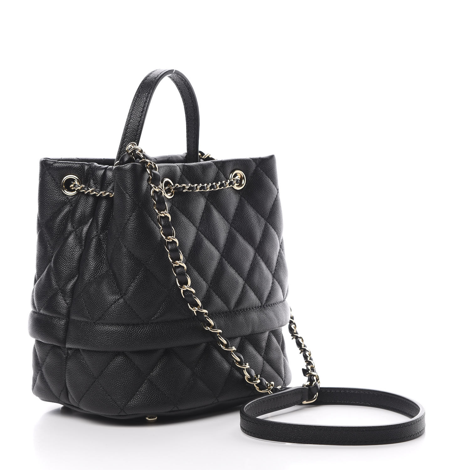 CHANEL Caviar Quilted Rolled Up Bucket Drawstring Bag Black