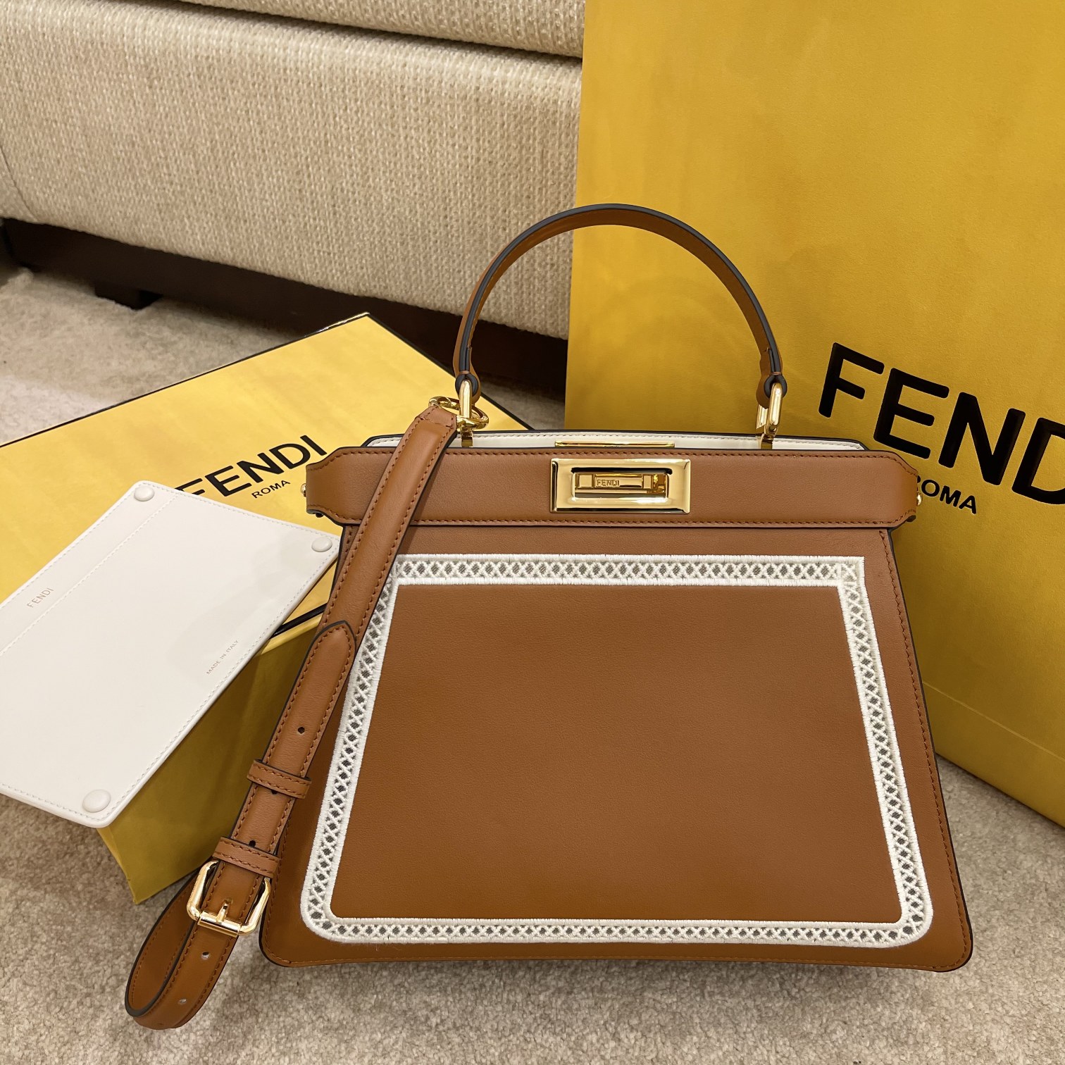 FENDI 1PEEKABOO ISEEU MEDIUM Embroidered brown leather bag