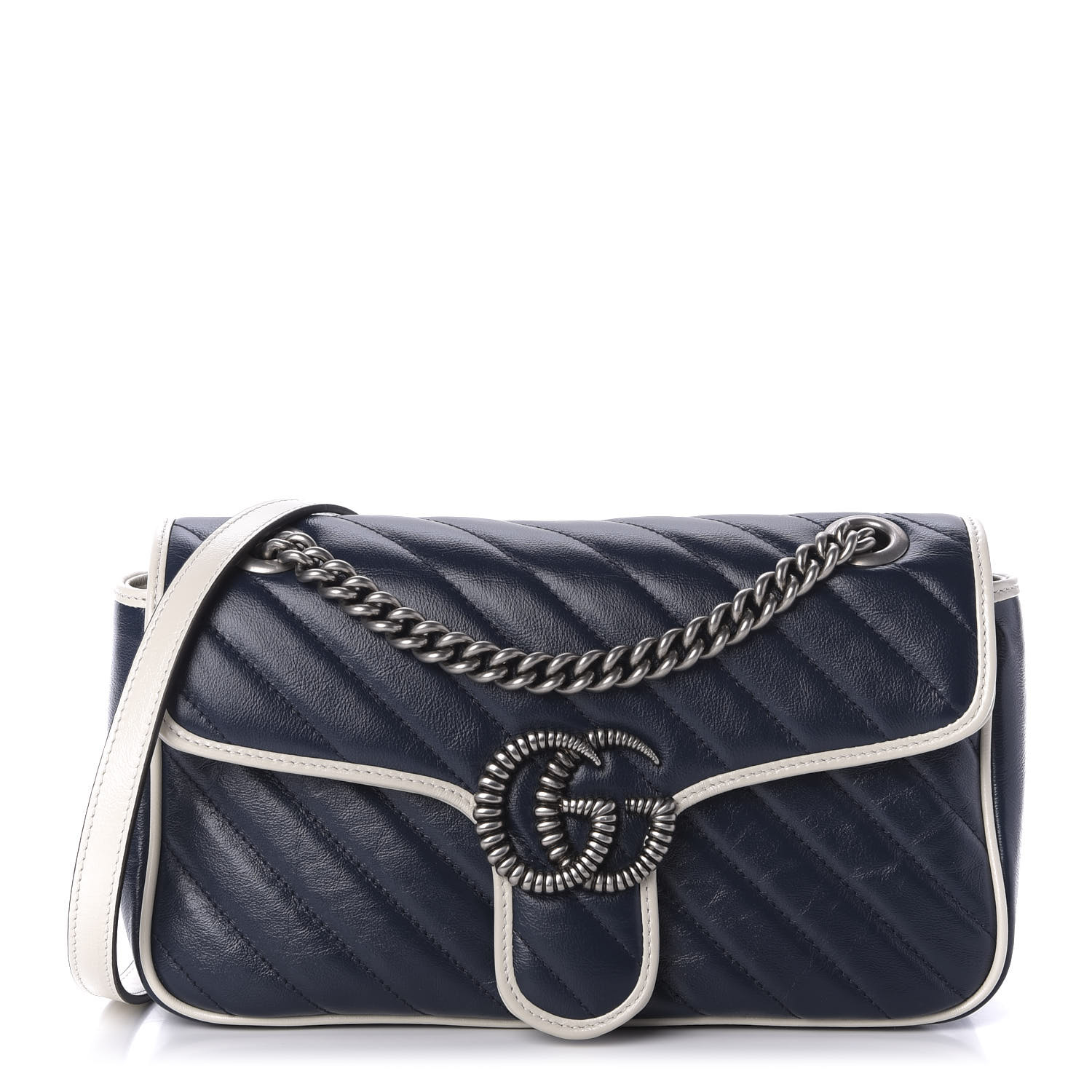 GUCCI 1Vintage Effect Calfskin Matelasse Small Striped GG Marmont Shoulder Bag Blue Beige