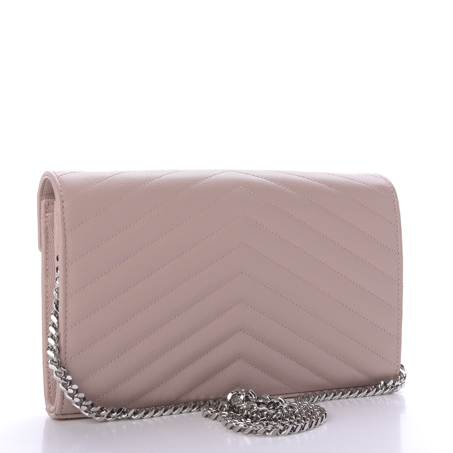 YSL Grain De Poudre Matelasse Chevron Monogram Chain Wallet Pale Pink