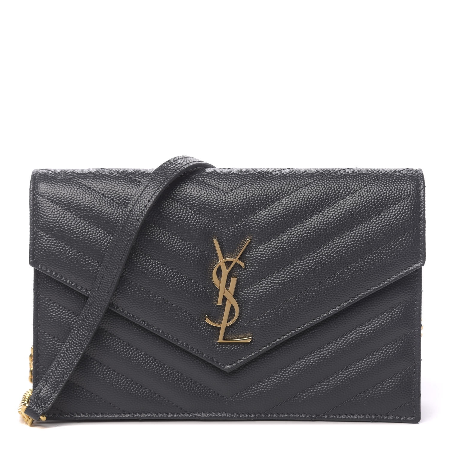 YSL Grain De Poudre Matelasse Chevron Monogram Envelope Chain Wallet Dark Smog