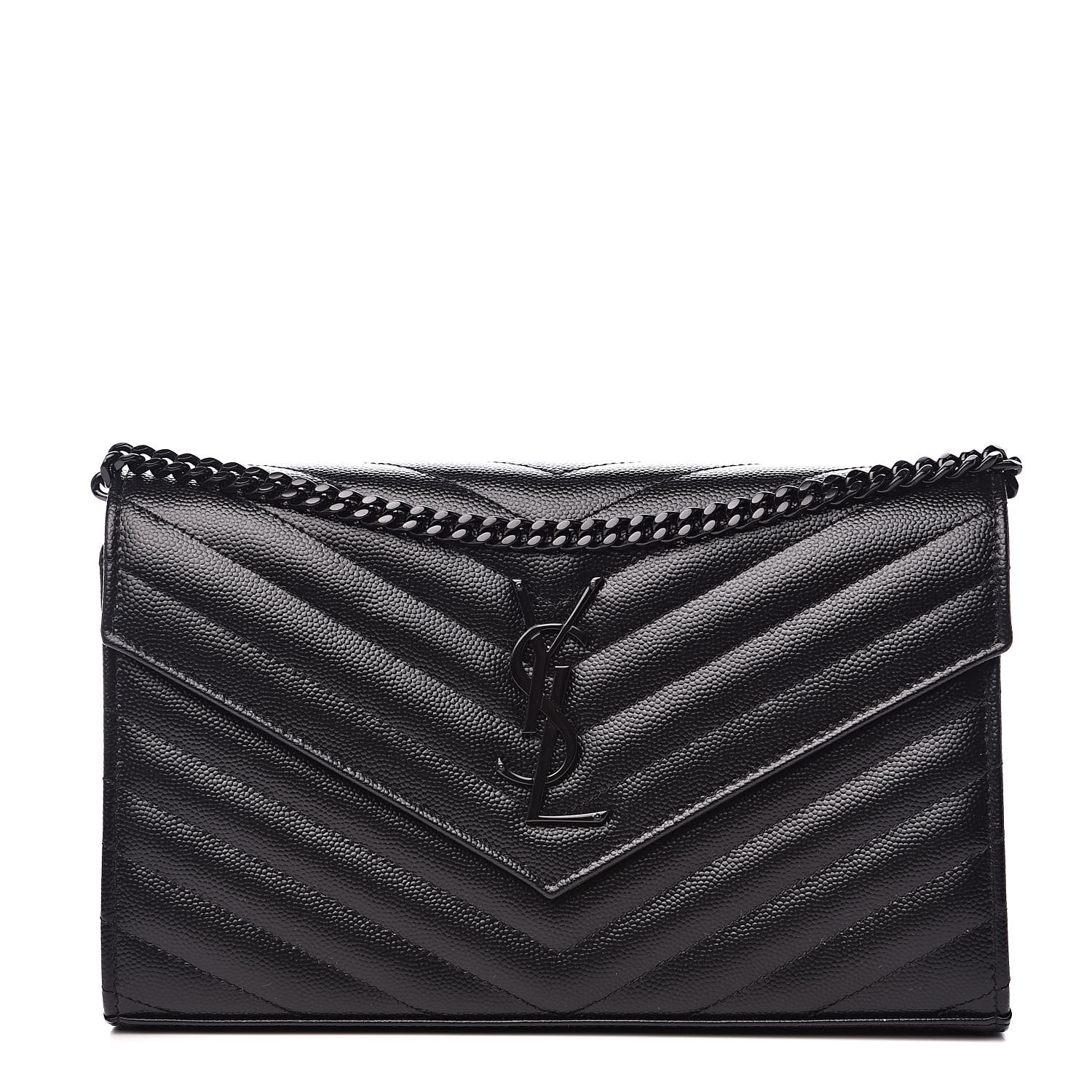 YSL Grain De Poudre Matelasse Chevron Monogram Chain Wallet Black