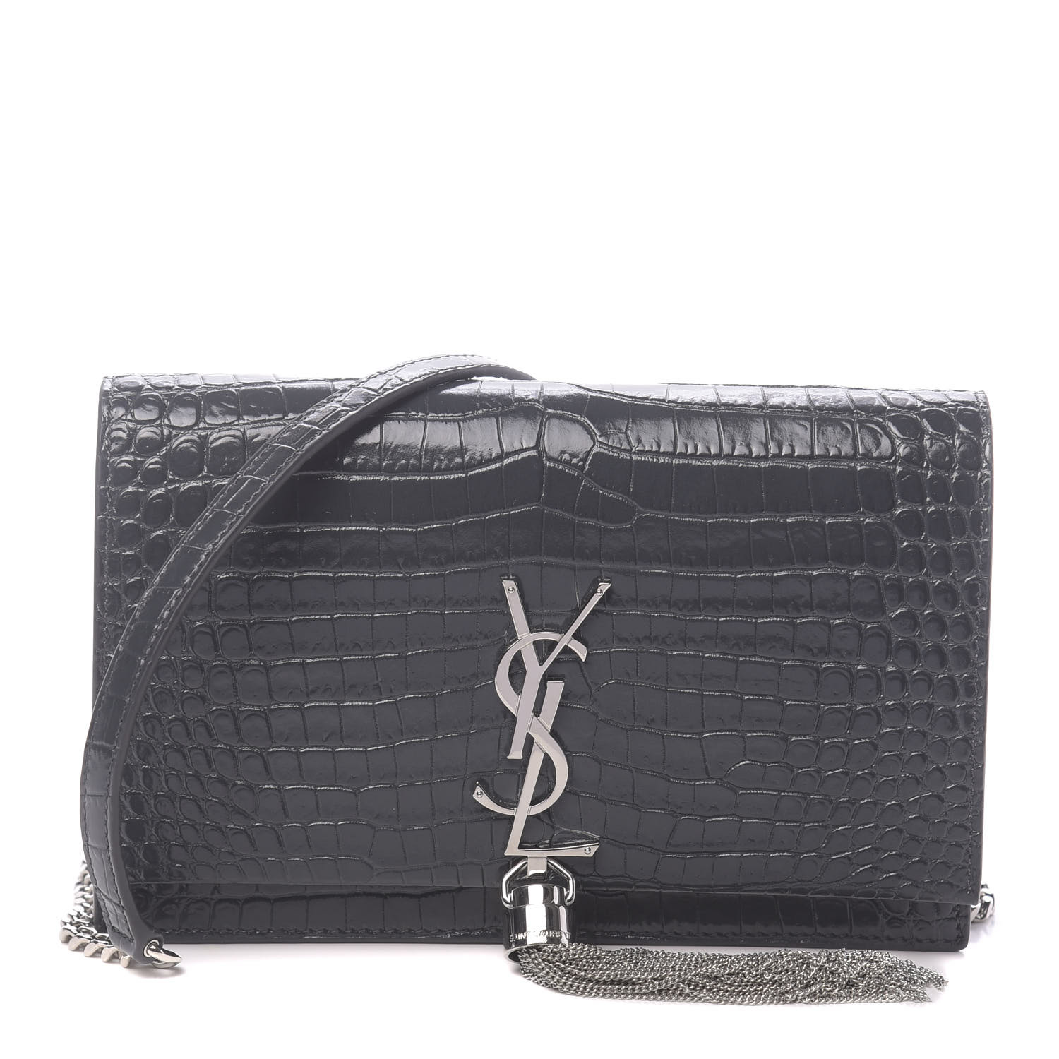 YSL Calfskin Crocodile Embossed Kate Monogram Tassel Chain Wallet Dark Smog